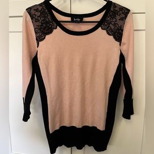 By and By-Pretty Soft Pink and Black Lace Light Sweater. Size Large.